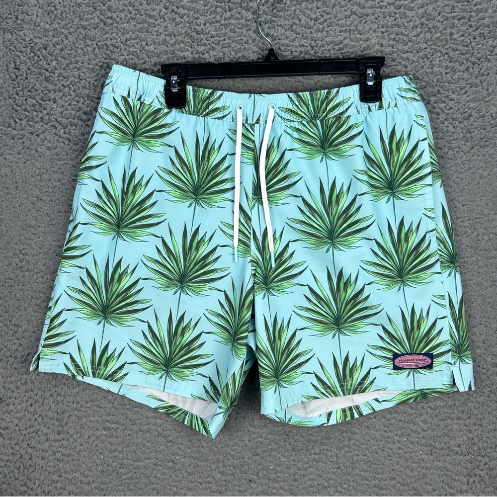 Vineyard Vines Mens Swim Trunks Large Chappy Palm Printed Green Lined 7” Inseam‎